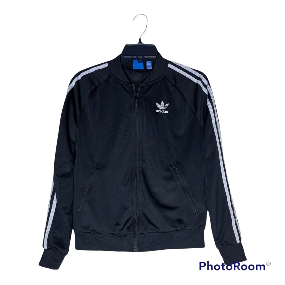 Woman’s Adidas Originals Black Track Jacket 3 Stripe Logo Size Small